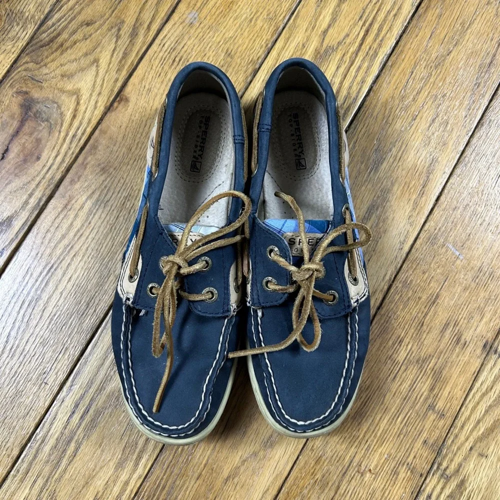 Sperry Top Sider‎ Boat Shoes Blue Plaid Tan Leather Lace Up Women 6M